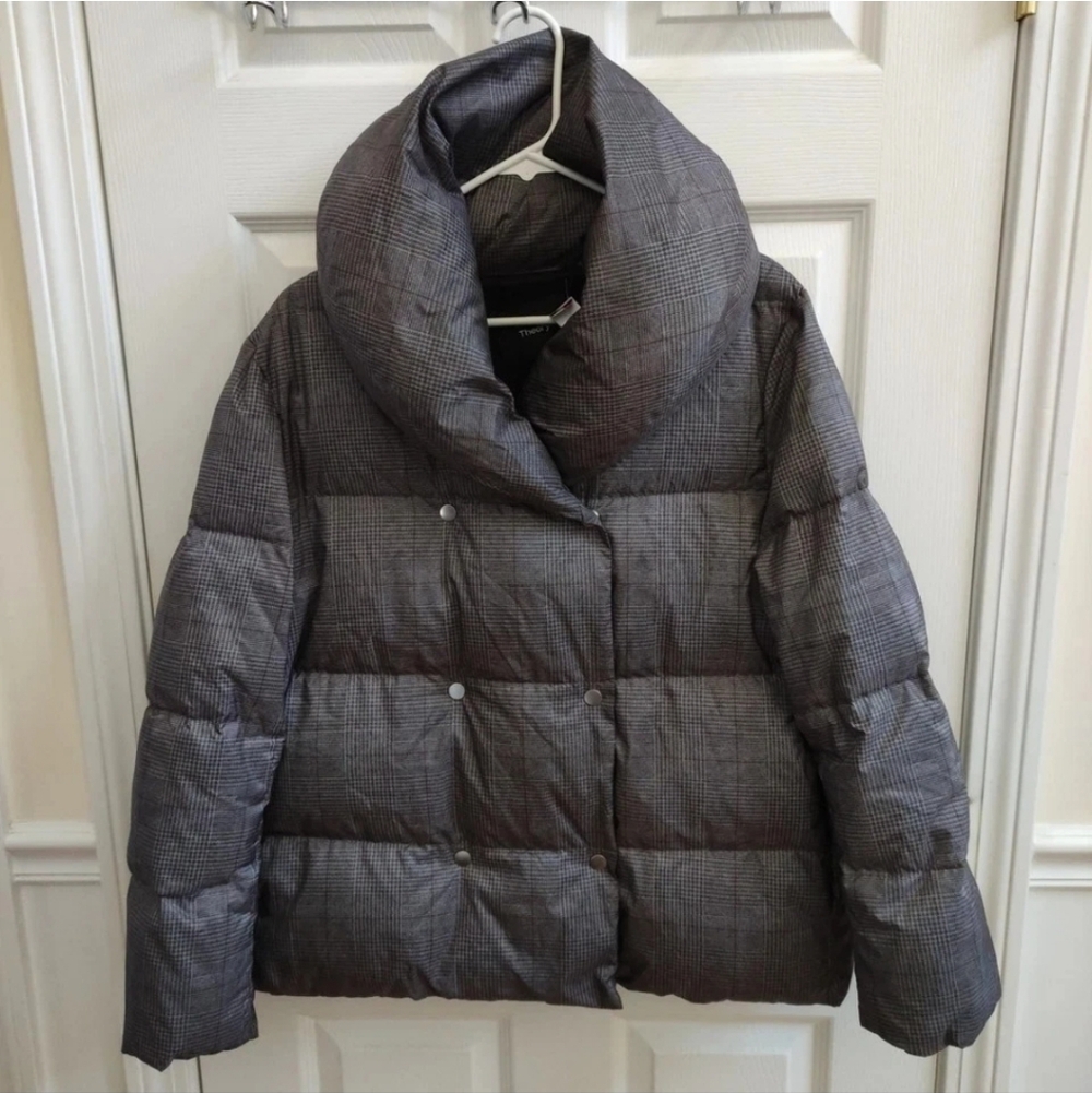 Theory Down Buffer Coat Women's L Multi Glen Plaid Shawl